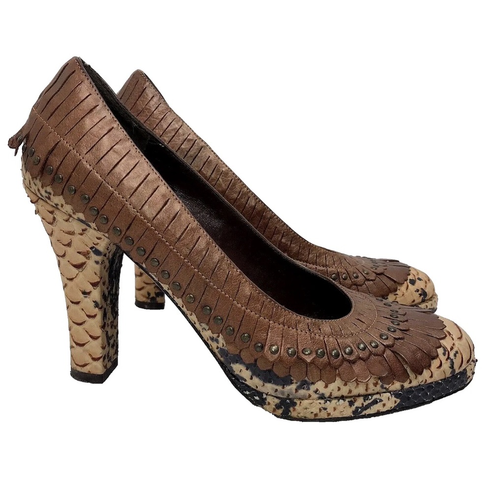 Isabella Fiore Brown Leather Pump Studded Fringe Python Snake ITALY Size 8 M